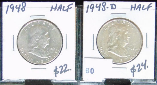 1948, 1948-D Franklin Half Dollars AU, AU+.