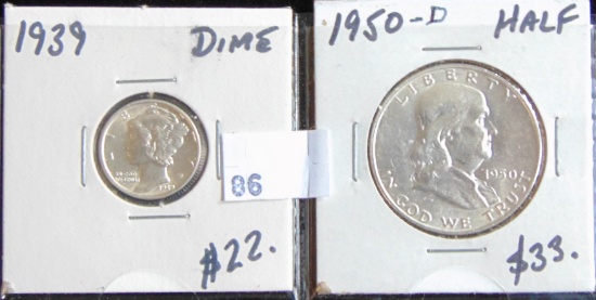 1939 Mercury Dime, 1950-D Franklin Half Dollar UNC