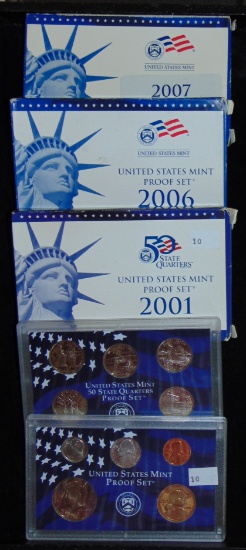 3 U.S. Proof Sets: 2001, 2006, 2007 (07 has 10pcs.
