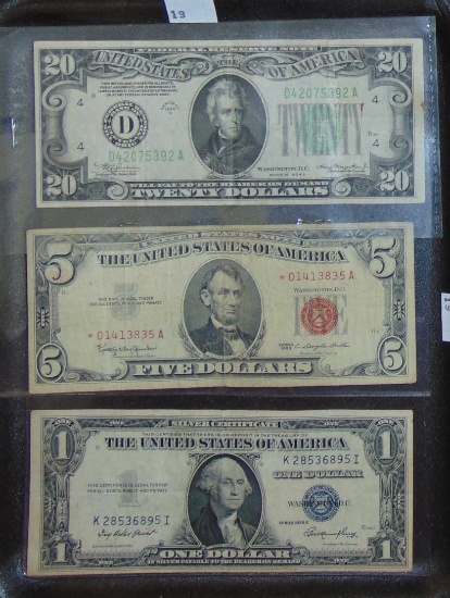 1934A $20 FRN. 1963 $5 Red Seal (Star). 1935E $1
