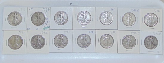 14 Walking Liberty Half Dollars 1936-1942-D.