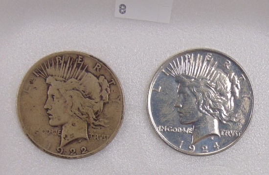 1922-S, 1924 Peace Dollars G, VF (polished).