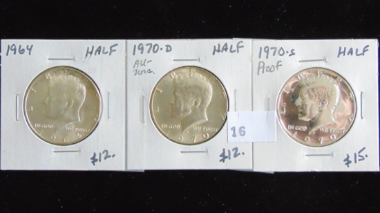 3 Kennedy Half Dollars (1964, 1970-D, 1970-S)
