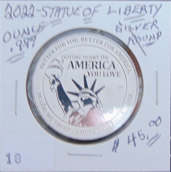 2022 Statue of Liberty 1 Troy Oz. Silver Round