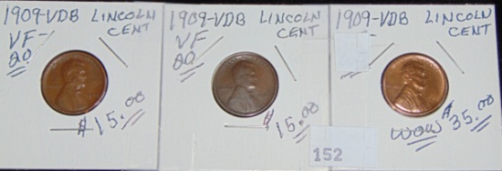 3 1909 VDB Lincoln Cents VF.