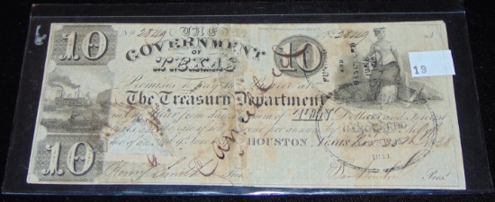 1838 Government of Texas $10 Note "Sam Houston"