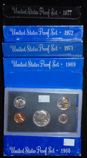 5 U.S. Proof Sets: 1968, 1969, 1971, 1972, 1977.