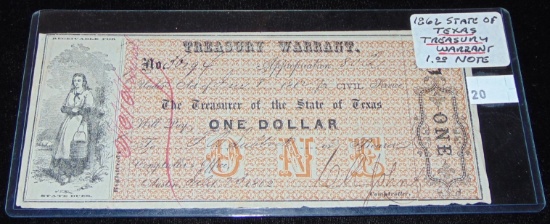 1862 State of Texas $1 Treasury Warrant.
