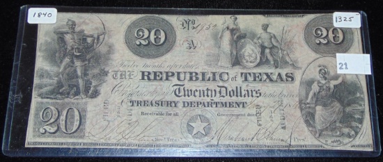 1840 Republic of Texas $20 Note (cancelled).