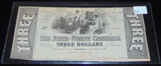 1963 North Carolina $3 Note.