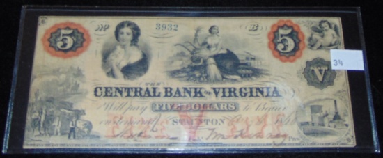 1860 Central Bank of Virginia $5 Note.