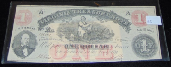 1862 Virginia $1 Treasury Note.