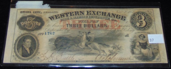 1857 Nebraska Western Exchange $3 Note.