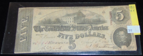 April 1863 $5 Confederate Note.