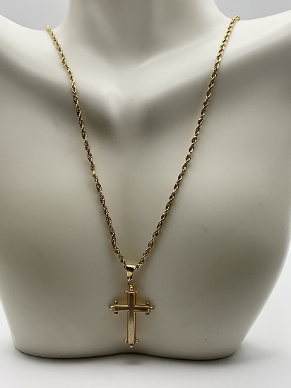 6.7g 14k YG Rope Necklace w cross 22in