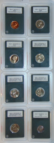 8 Slabbed Coins: 1963 Cent (proof). Nickels &