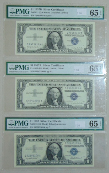 3 $1 Silver Certificates PMG Gem UNC. 65, 1957,