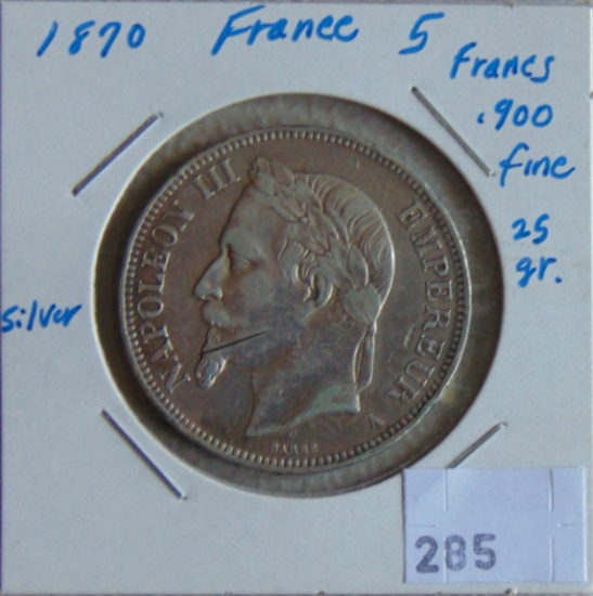 1870 France 5 Francs 25gr. .72 Troy Oz. .900 fine