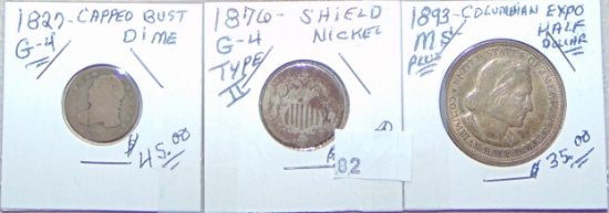 Variety: Bust Dime, Shield Nickel, Columbian Expo