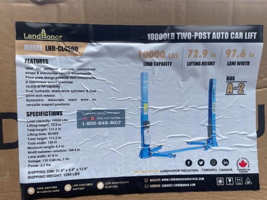 (2X) New LandHonor 10,000 IB 2 Post Car Lift