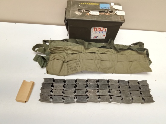 LARGE LOT OF M1 CLIPS, BANDOLIERS, .50CAL AMMO CAN
