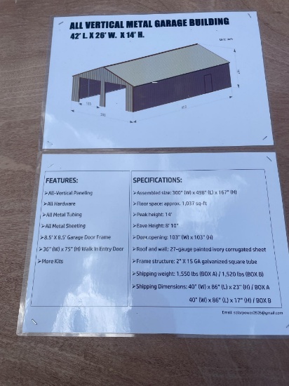 New 42X26X14' Metal Garage Building