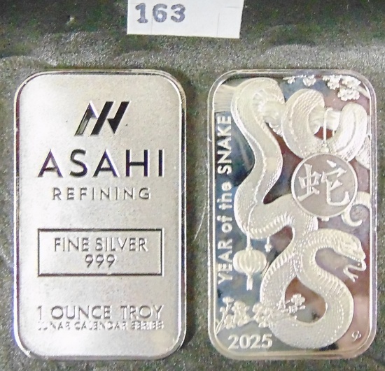 (2) ASAHI Refining 1 Troy Oz. .999 Silver Bars 2025 "Year of the Snake".