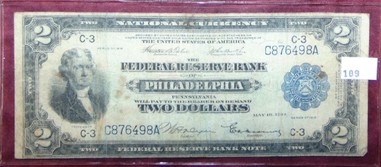 Series 1918 $2 National Currency Phila. "Battleship". Rare.
