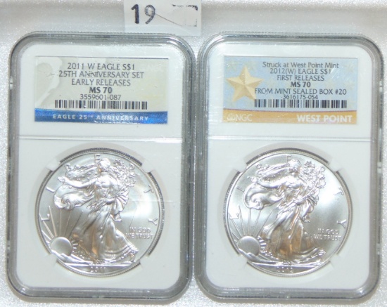 2011W, 2012W Silver Eagles MS70.