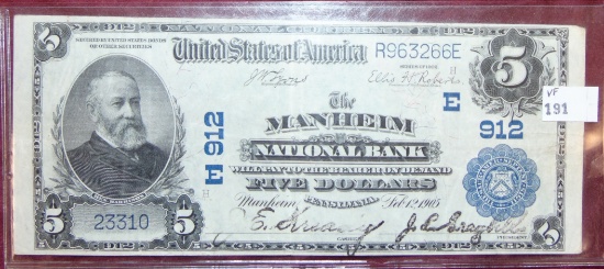 2/12/1905 $5 National Currency "The Manheim National Bank" Pa.