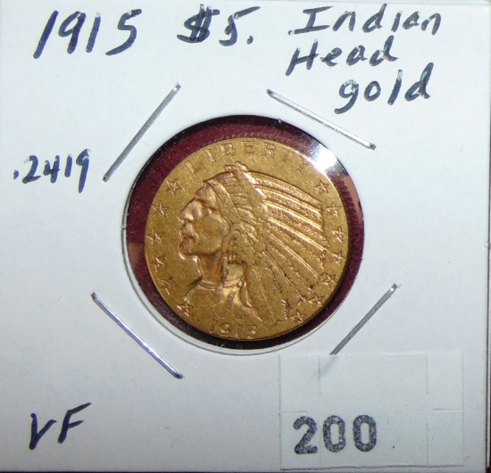 1915 $5 Gold Indian Head VF.