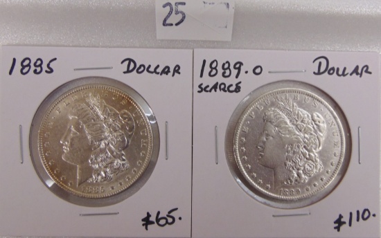 1885, 1889-O Morgan Dollars.