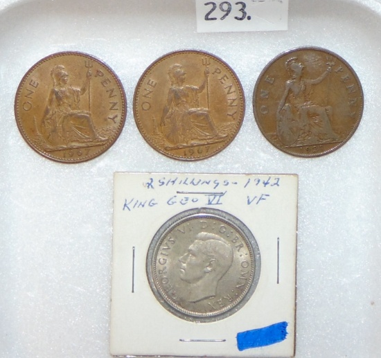 Great Britain Variety: (3) Pennies, (1) 2 Shilling