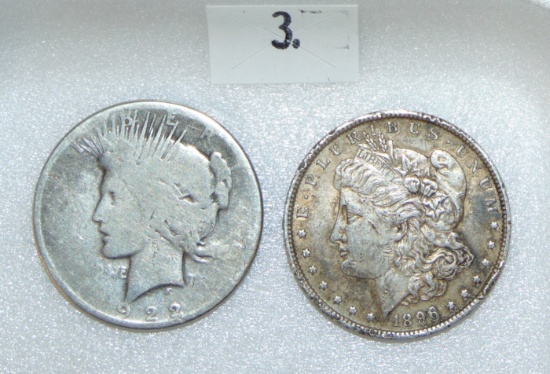 1896 Morgan Dollar (rough). 1922 Peace Dollar (worn).
