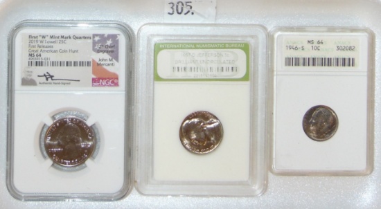 Graded: 2019 Quarter, 1946-S Dime, 1957-D Nickel.