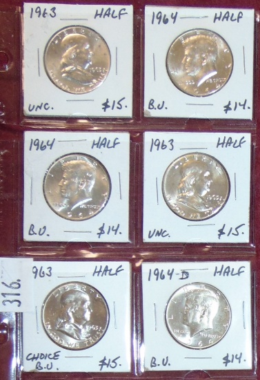 (6) Franklin and Kennedy Half Dollars (90% Silver)