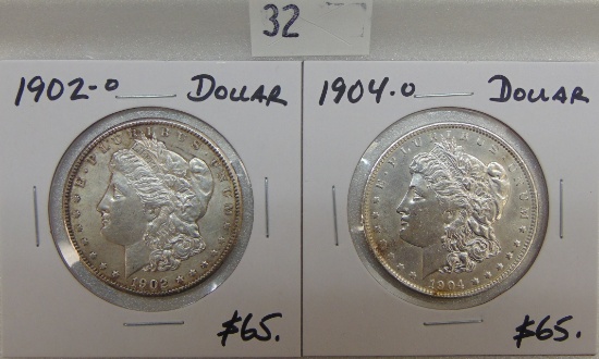 1902-O, 1904-O Morgan Dollars.