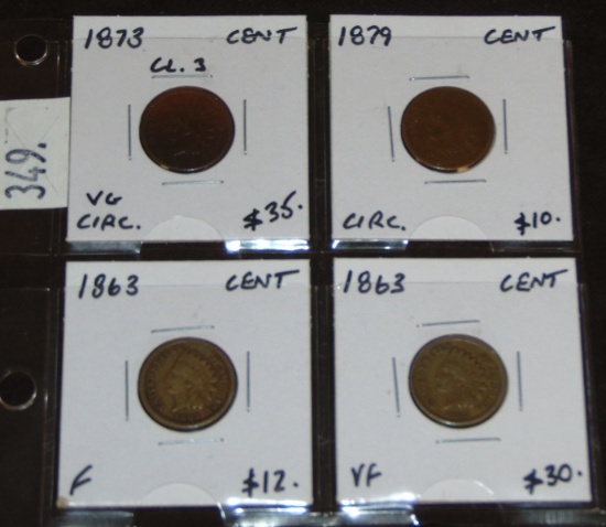 (2) 1863 F, VF, 1873 VG, 1879 Indian Cents.