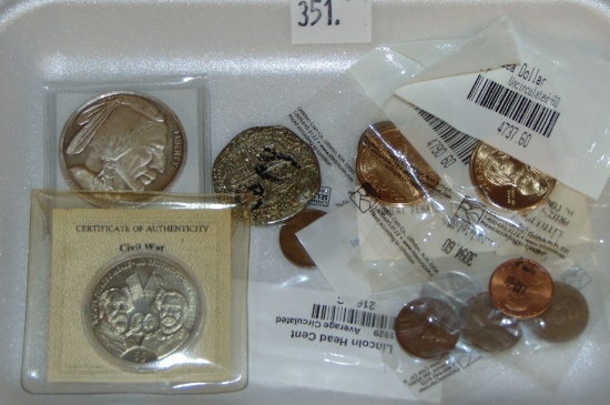 Variety: 1 Troy Oz. Silver Indian/Buffalo Round. Medallions. (2) Sacagawea Dollars. Approx. (7) Cent