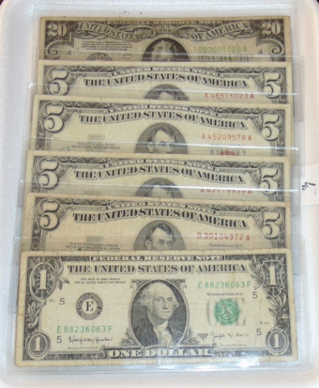 Currency: 1936 $20 FRN. (4) $5 Red Seal Notes. 1963B $1 Barr Note.