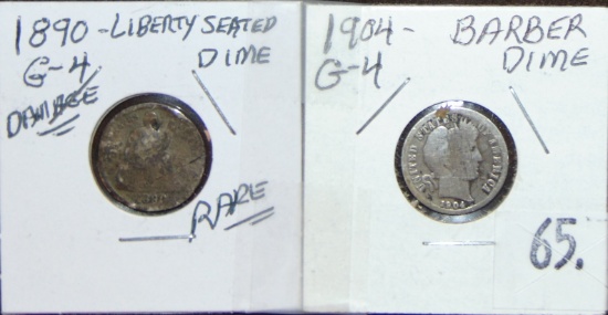 1890 Liberty Seated Dime. 1904 Barber Dime.