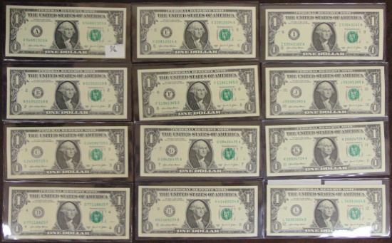 (12) 2021 Federal Reserve $1 Notes UNC (All 12 Banks).