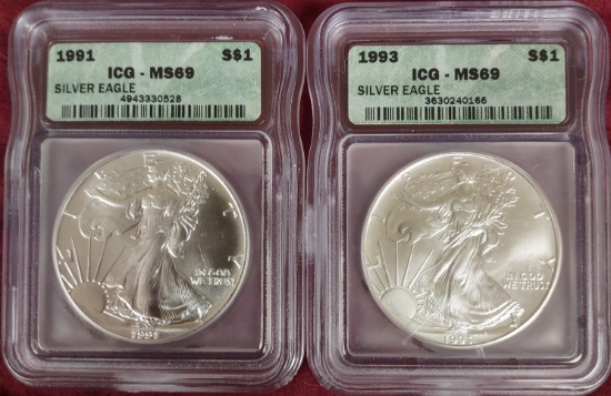 1991, 1993 Silver Eagle ICG MS69, MS69.