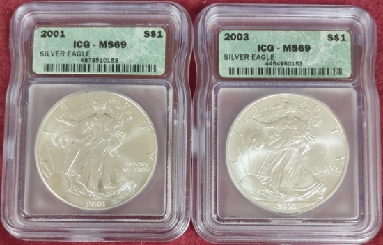 2001, 2003 Silver Eagles ICG MS69, MS69.