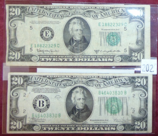 (2) $20 Notes: 1950-D Virginia, 1934C New York F-EF.