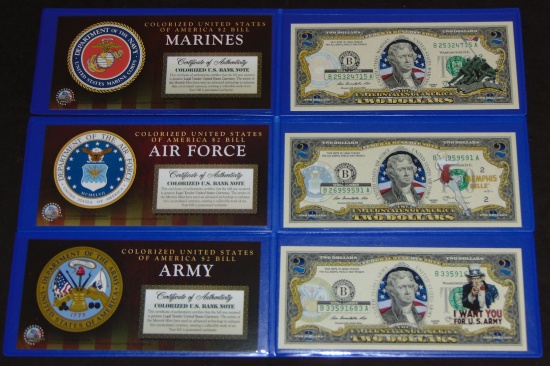 (3) 2013 $2 FRN Army, Air Force, Marines, UNC.