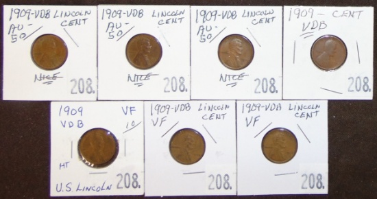 (7) 1909VDB Lincoln Cents (4) VF, (3) AU50.