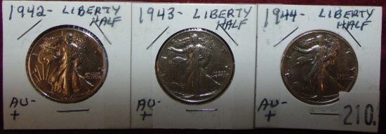 1942, 1943, 1944 Walking Liberty Half Dollars AU-Plus.