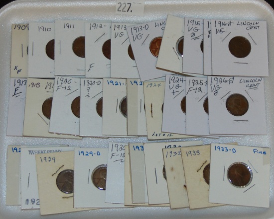 31 Wheat Cents 1909VDB-1933-D (not consecutive, good dates. Mint marks).