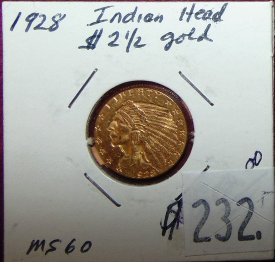 1928 $2.50 Gold Quarter Eagle MS60 Plus (Indian Head).